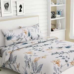 haus & kinder Sparrow Floral Art 100% Cotton Bedsheet with 2 Pillow Covers, 186 TC, Double Size 100 inch by 90 inch (Grey)